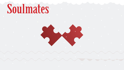 Two red puzzle pieces fitting together perfectly symbolizing soulmates and true love with the word soulmates above and a soft snowy background