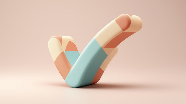 Modern 3D clay style illustration of check mark with pastel colors, including shades of peach, cream, and blue, creating soft and playful aesthetic - Powered by Adobe