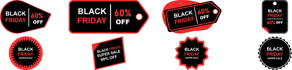  Vector Black Friday Sale Tag Set 60 Percent OFF Discount Label Collection