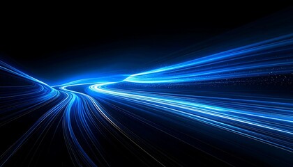 Abstract streaks of blue light appear like a winding road against a black background, evoking speed and motion