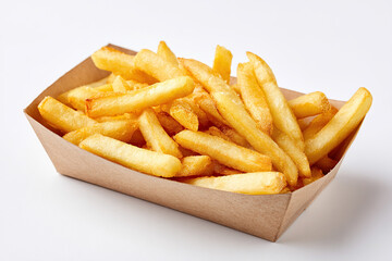 Crispy golden French fries in a paper tray