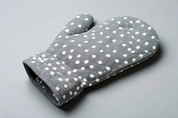 Grey oven mitt with white polka dots for kitchen use