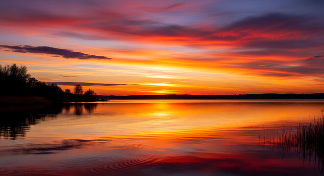 Vibrant sunset reflecting on a calm lake with silhouetted trees and reeds in the foreground