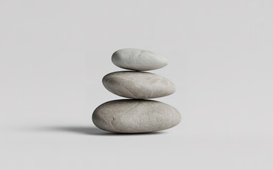 Three Smooth Grey Stones Stacked in Perfect Balance on a Light Grey Background rock pebble