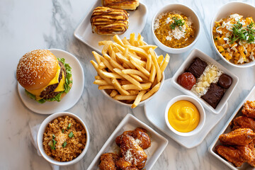 Assorted delicious fast food items including burger fries and wings