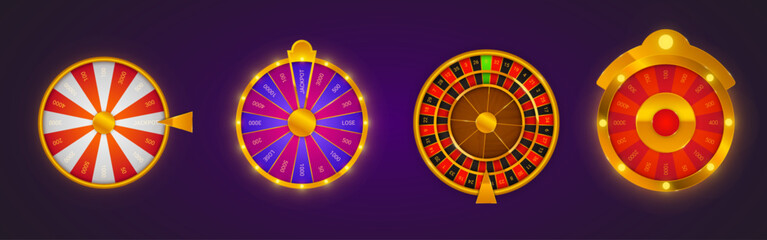 Luxury casino fortune wheel with golden elements and sparkles for online gambling interface. Vector roulette design with prize segments and lucky arrows. Glowing 3D gaming wheel on dark background.