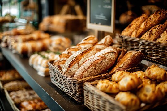 Assorted fresh baked breads and pastries on display