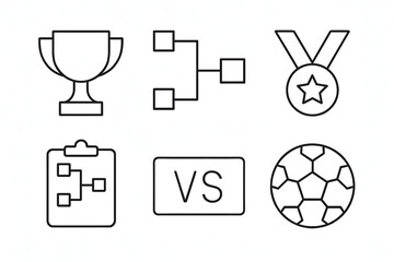 Sports Icons: A collection of sports icons, including a trophy, a bracket, a medal, a clipboard, a VS sign, and a soccer ball, symbolizing various elements of athletic competition.