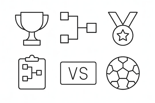 Sports Icons: A collection of sports icons, including a trophy, a bracket, a medal, a clipboard, a VS sign, and a soccer ball, symbolizing various elements of athletic competition.