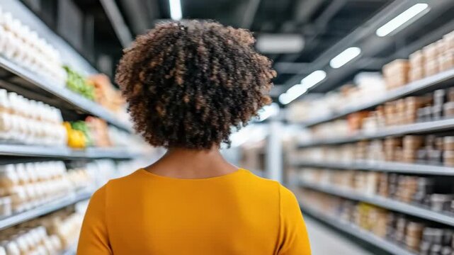 Woman exploring supermarket grocery aisle wearing virtual reality headset shopping with curious