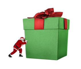 Close up of Santa Claus pushing huge bag of presents isiolated on transparent background, png file