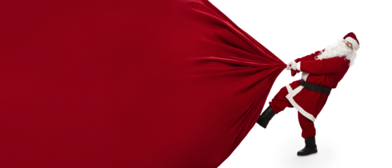 Santa Claus pulling huge bag of presents isiolated on transparent background with copy space, png file