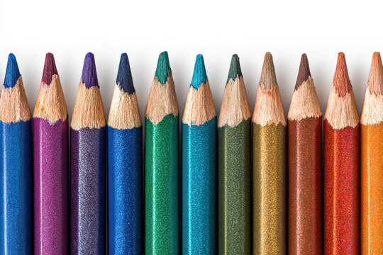 Colorful array of sharpened colored pencils on white background