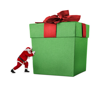 Close up of Santa Claus pushing huge bag of presents isiolated on transparent background, png file