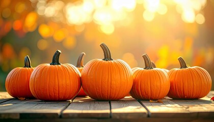 A collection of pumpkins displayed on a wooden surface with a soft, blurred background of warm autumn colors.