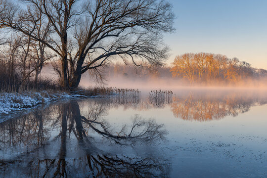 Serene winter morning scene with foggy lake and bare trees