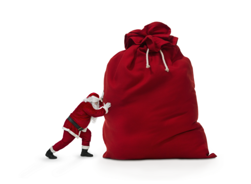 Close up of Santa Claus pushing huge bag of presents isiolated on transparent background, png file