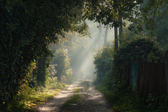 Sunlit path through lush greenery with soft morning light