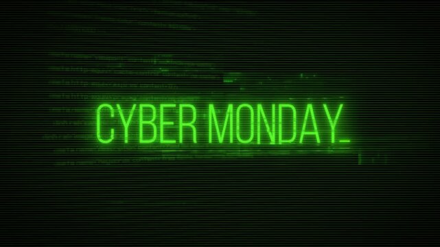Computer code, digital background, glitch text effect on Cyber Monday. 4K