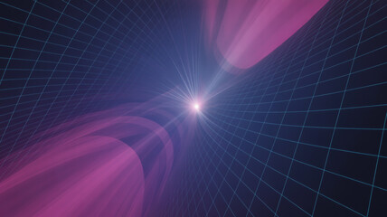 Abstract futuristic digital grid tunnel with purple light streaks