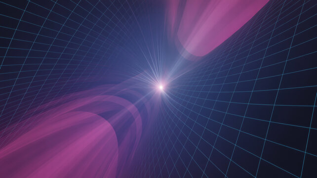 Abstract futuristic digital grid tunnel with purple light streaks