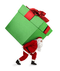 Santa Claus carrying huge christmas gift isolated on transparent background, png file
