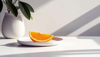 A bright orange slice rests on a simple white plate, with green leaves in a white vase in the background and strong diagonal shadows on the wall.