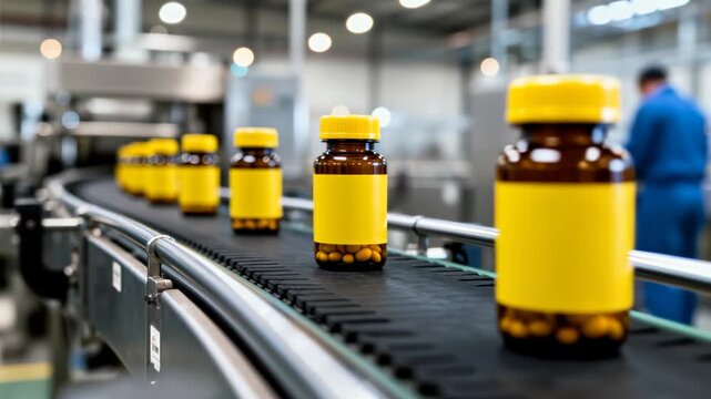 Pharmaceutical production line with medicine bottles on conveyor belt in modern drug manufacturing factory.