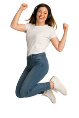 Joyful woman jumping high with excited energy and happy expression