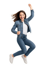 Obraz premium Happy woman jumping with raised arms showing excitement and joyful energy