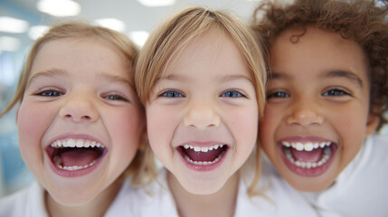 Happy children smiling together in bright dental clinic environment