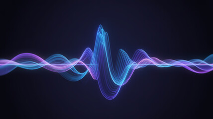 Abstract glowing sound wave visualization with blue and purple particles on dark background