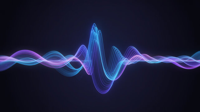 Abstract glowing sound wave visualization with blue and purple particles on dark background