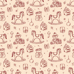 Vintage Christmas whimsical seamless pattern with bear, horse, gifts and toys. Line art hand drawn illustrations.