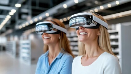 Two women wearing virtual reality headset vr goggles smile bright modern retail store technology