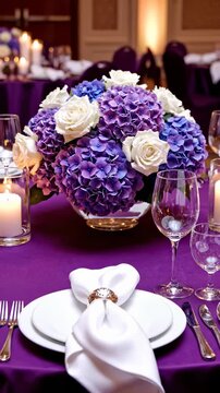 Beautiful floral arrangement on elegant dining table. Purple hydrangeas and white roses create stunning centerpiece. Romantic atmosphere enhances special occasions. Perfect for weddings and events.