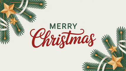 Elegant merry christmas greeting with pine branches and golden stars
