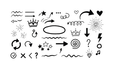 Collection of hand drawn doodle icons and symbols on white background