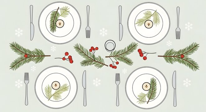 A festive holiday dining table set with white plates, evergreen branches, red berries, and cutlery, viewed from above, on a snowflake patterned background.