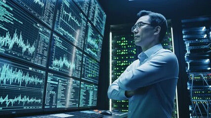 Man analyzing data on computer screens. - Powered by Adobe