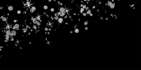 Black white star abstract background. Falling snowflakes on black background. Star dust effect with white glitter light. Silver star of confetti. Falling starry background. Beautiful Christmas Bg.