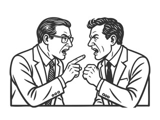 Fototapeta premium two angry businessmen in suits shouting and pointing at each other, conflict and aggression sketch engraving generative ai fictional character raster illustration. Scratch board. Black and white.