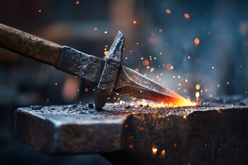 Blacksmith forging glowing steel blade on anvil with sparks flying metalworking craft