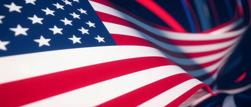 Waving American Flag, Patriotic Symbol, Close-Up Macro Shot, Texture and Fabric Content, Outdoor Windy Environment, Dynamic Frontal Viewpoint, National Pride Concept