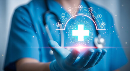 Healthcare technology innovation with glowing medical cross