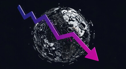 Purple arrow showing downward trend over shattered transparent sphere on black background. Financial market collapse, economic crisis concept.