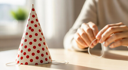 Woman preparing party hat while tying elastic band at home  