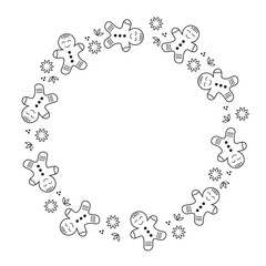 Christmas festive round frame ginger men with cinnamon, black outline, doodle style.