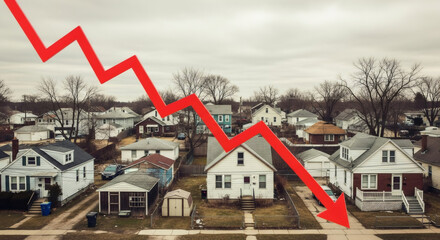 Red downward arrow over a suburban neighborhood signifying a decline in real estate market value or housing prices for property investment.