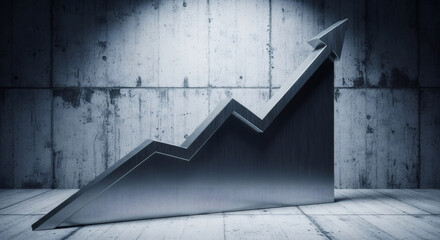 Metallic rising arrow graph on a concrete wall. Economic growth chart for financial business analysis and data visualization. Investment concept.